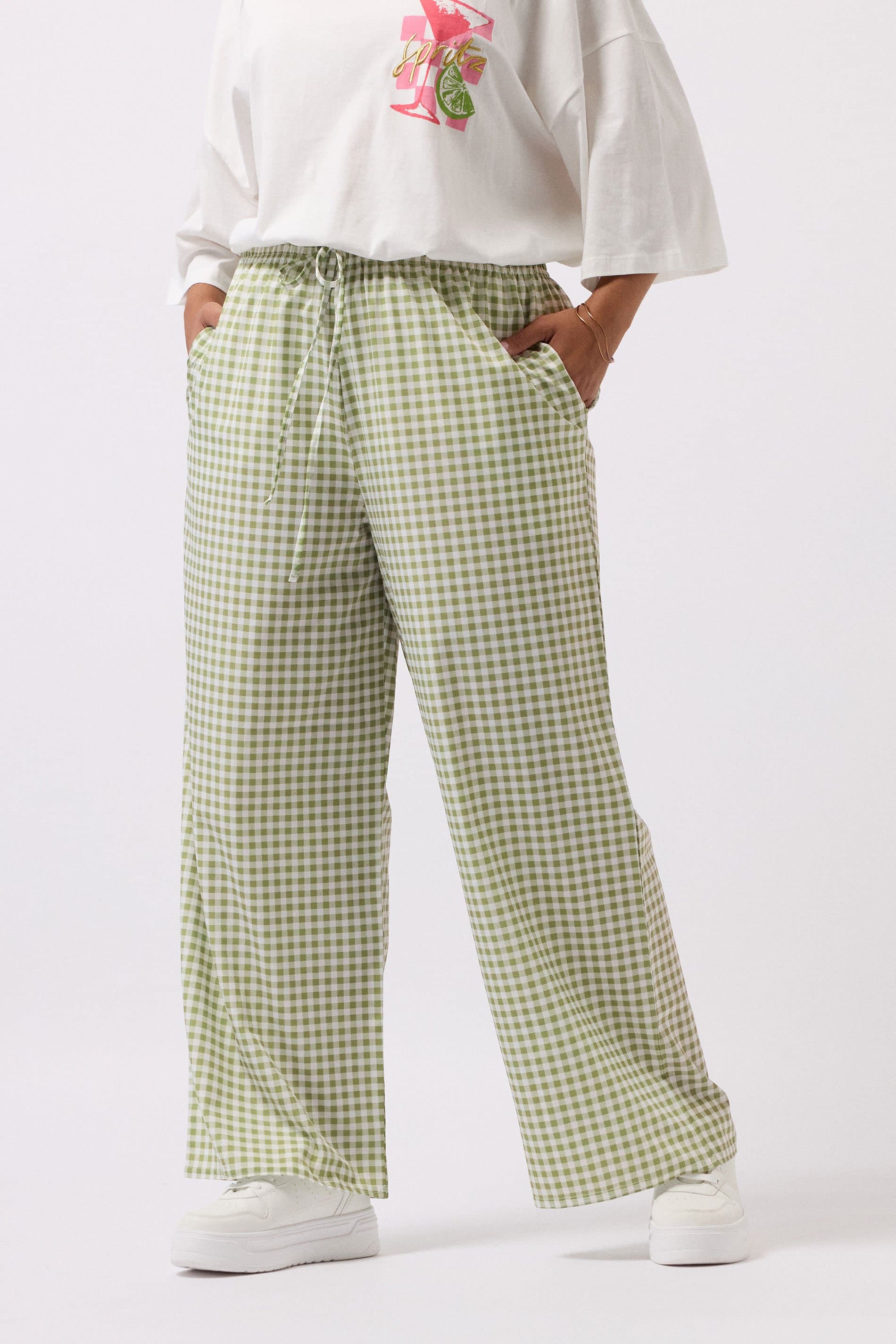 Yours Plus Size Sage Green Gingham Wide Leg Trousers