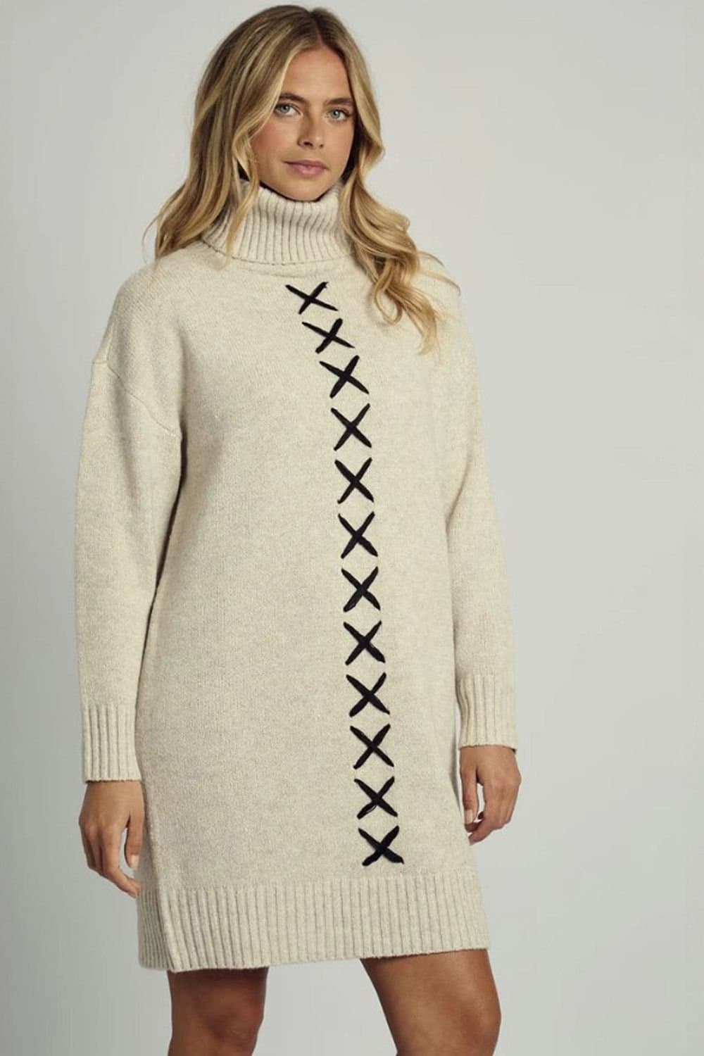 Native Youth Native Youth Women's Stitch Detail Roll Neck Knitted Jumper Mini Dress in Cream