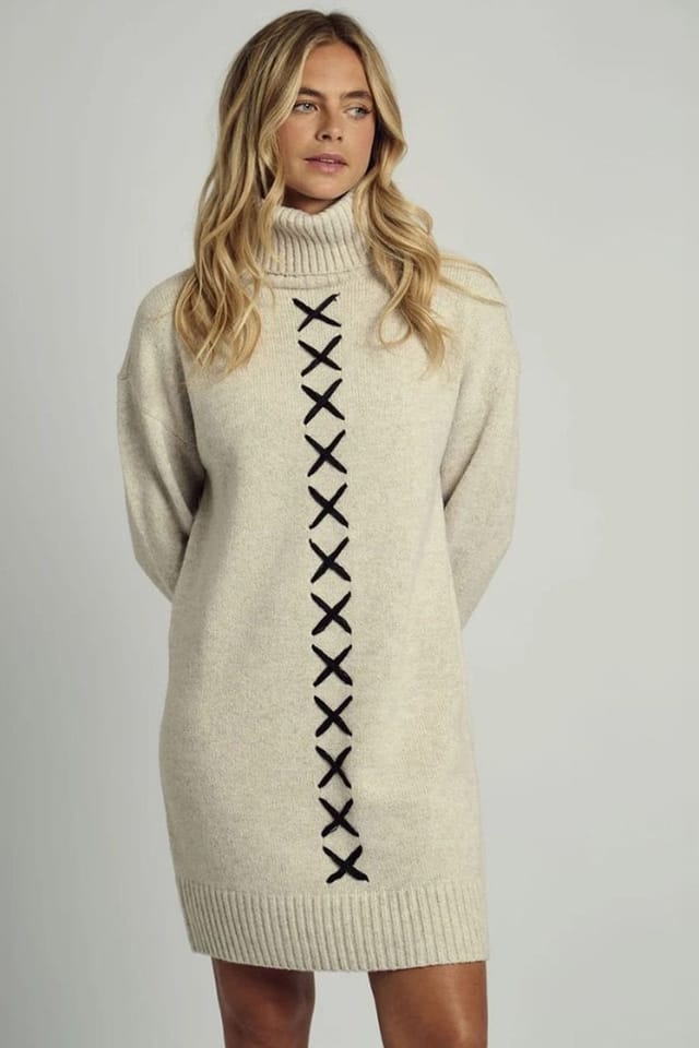Native Youth Native Youth Women's Stitch Detail Roll Neck Knitted Jumper Mini Dress in Cream - 3