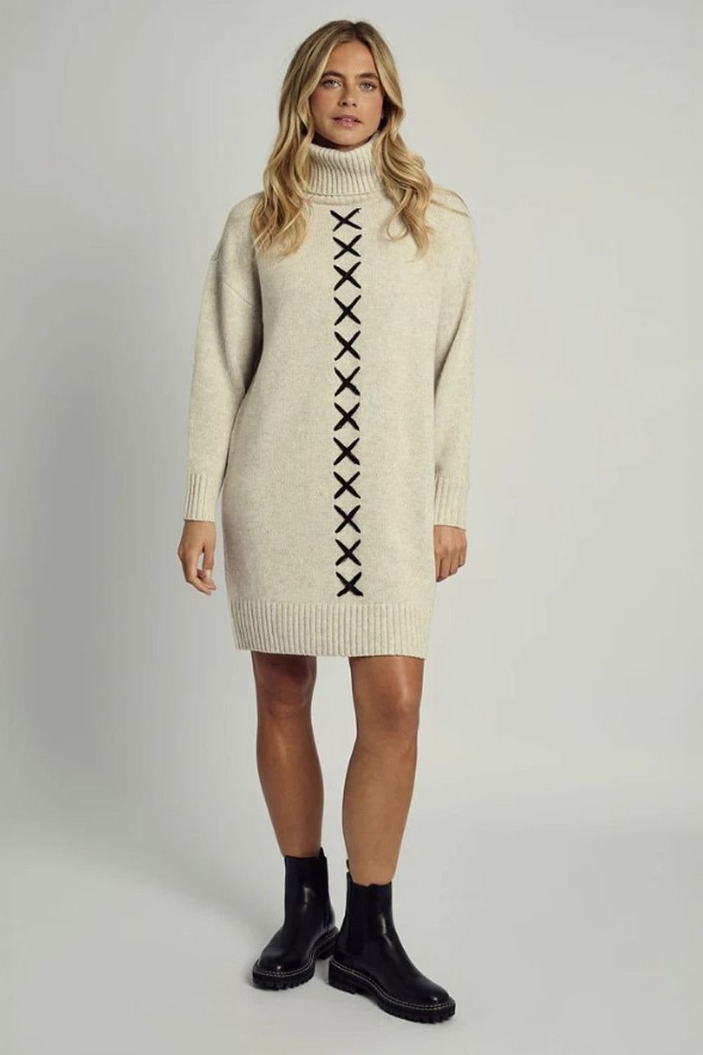 Native Youth Native Youth Women's Stitch Detail Roll Neck Knitted Jumper Mini Dress in Cream - 4