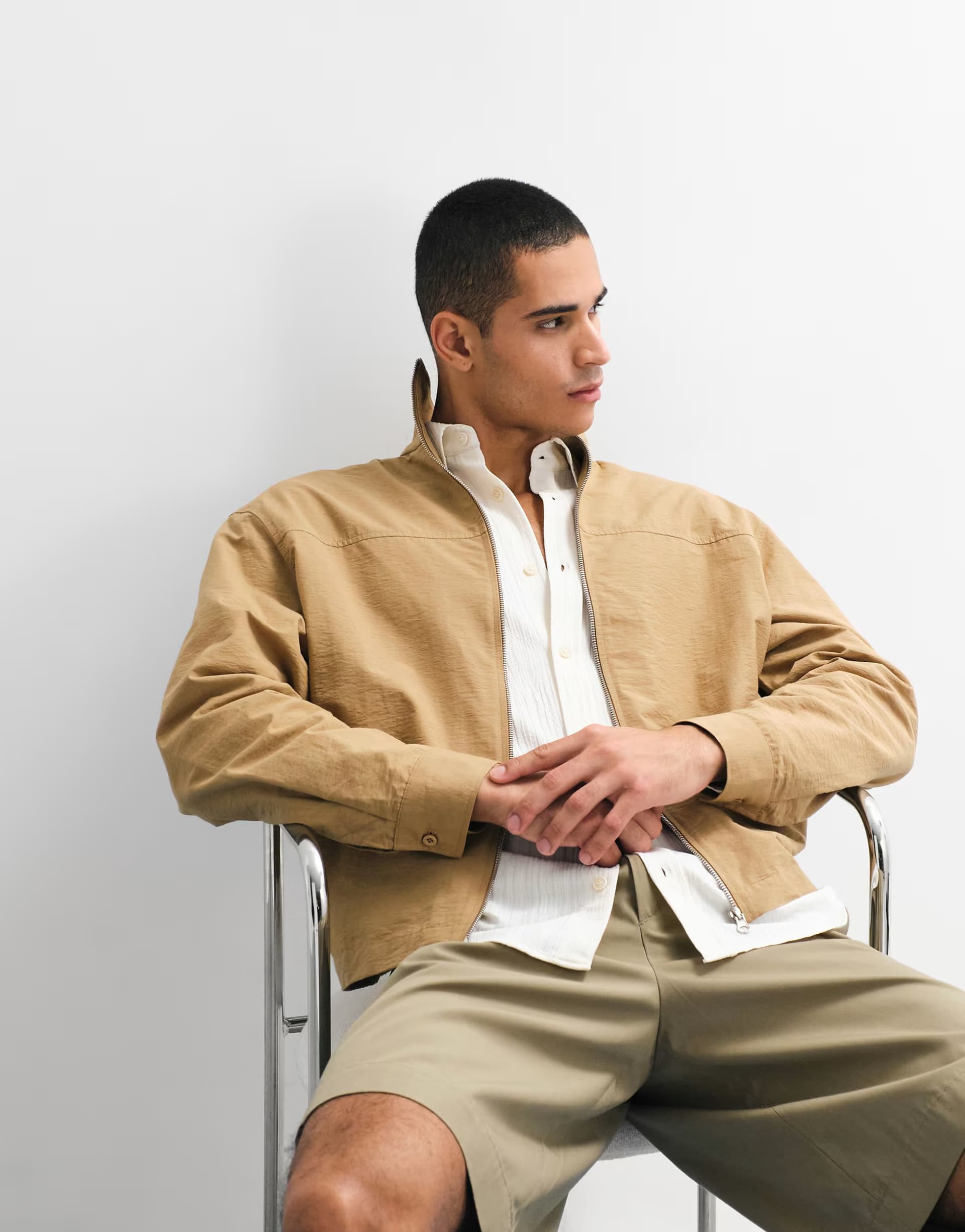 ASOS ASOS DESIGN boxy oversized funnel zip through shirt in tan