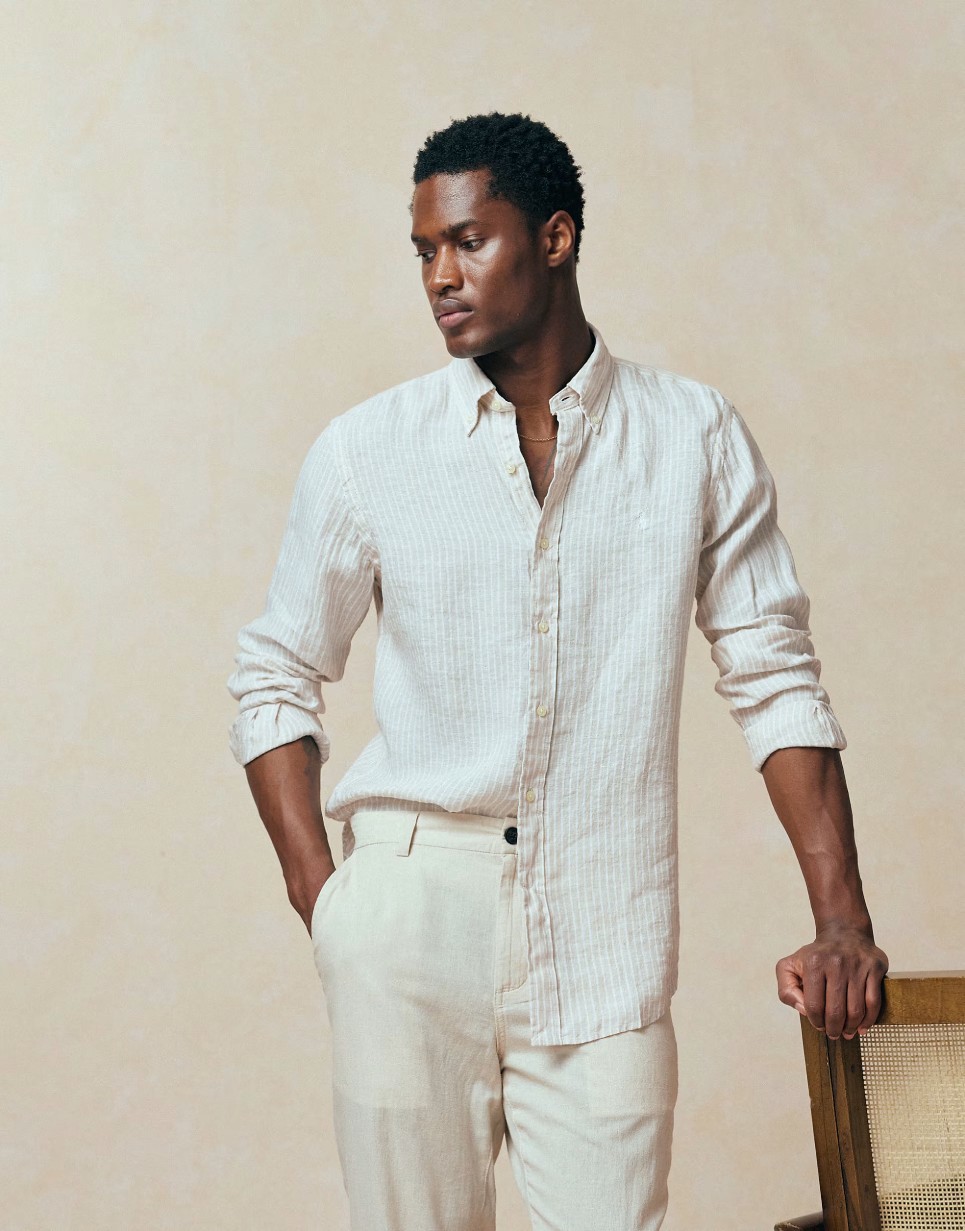 ASOS Polo Ralph Lauren icon logo striped linen long sleeve shirt in beige and white - 1