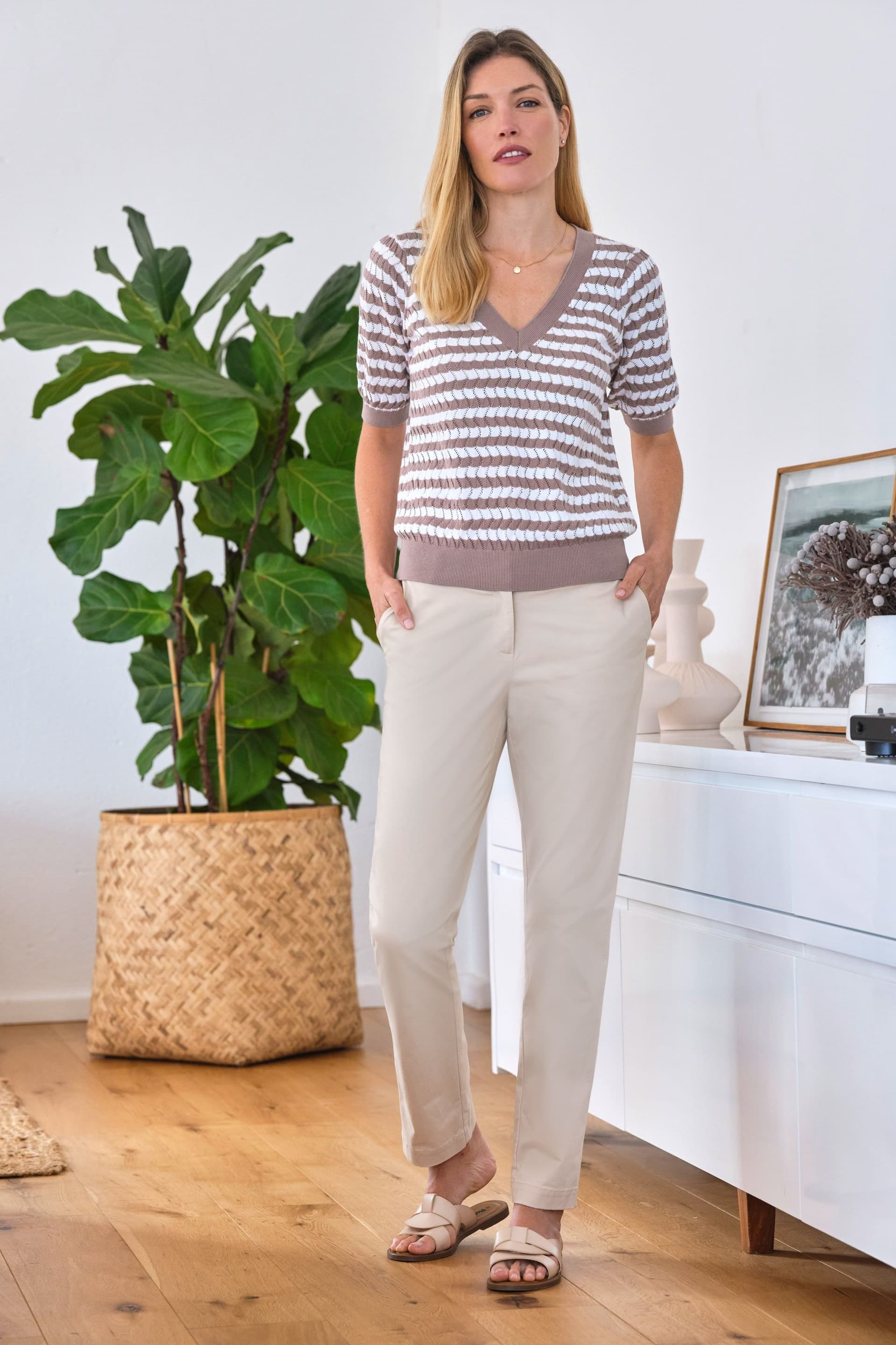 Pure Collection Pure Collection Women's Cotton Lacy Stitch Top in Light Brown