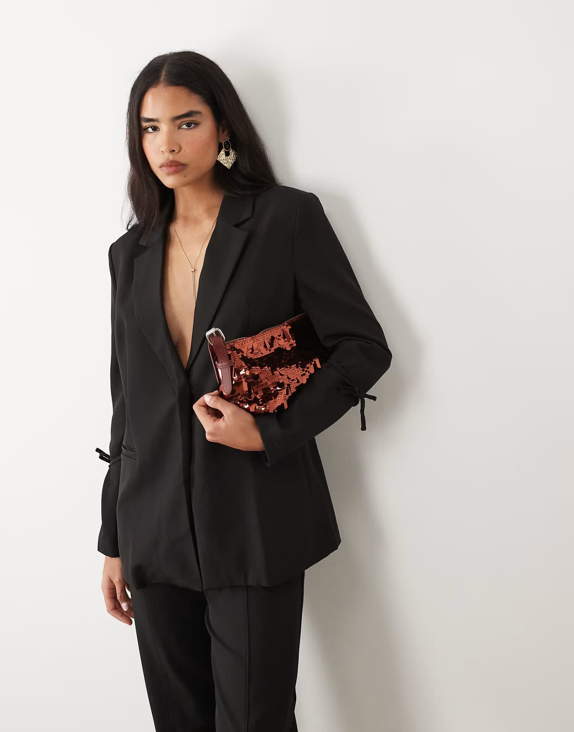 ASOS Kaiia exclusive tailored tie detail cinch waist detail blazer co-ord in black