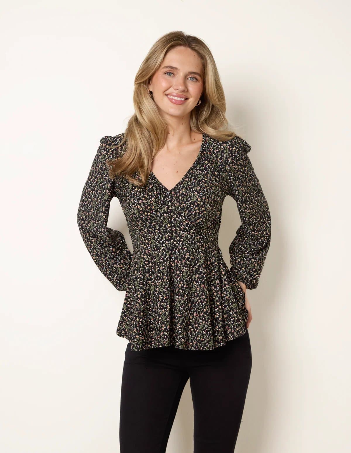 Blue Vanilla V Neck Button Front Peplum Top