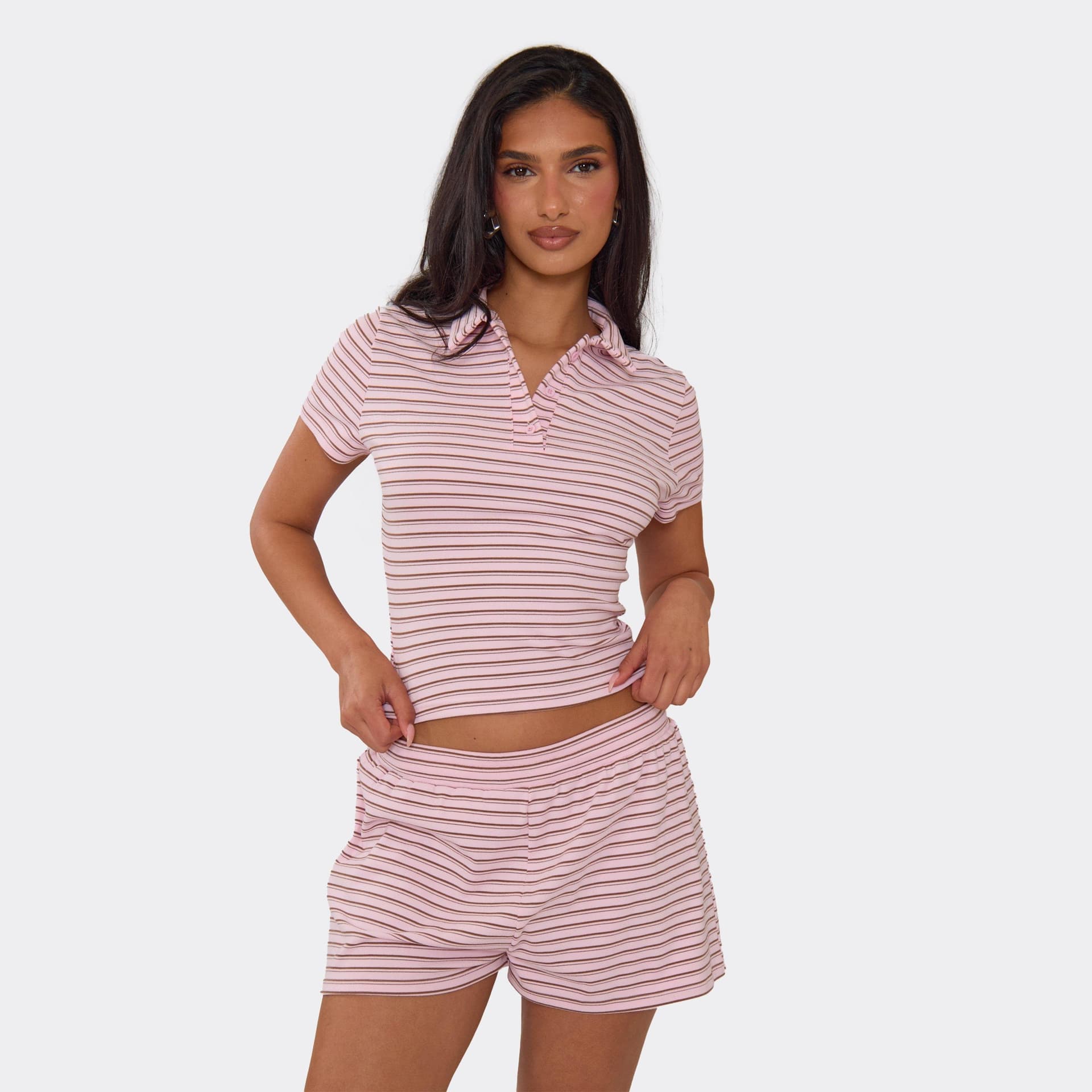 EGO Short Sleeve Fitted Polo Top In Pink Striped Soft Fleece, Women's Size UK 6