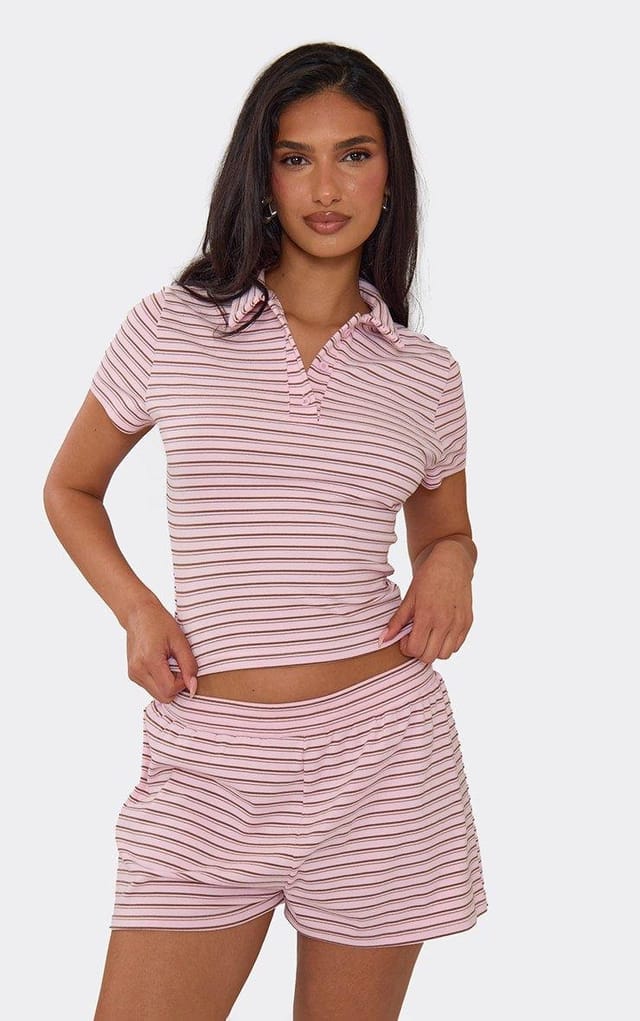 EGO Short Sleeve Fitted Polo Top In Pink Striped Soft Fleece, Women's Size UK 6 - 2
