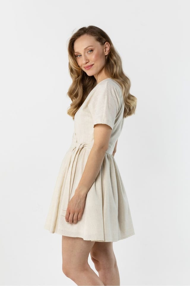 Love Lace Love Lace Women's Light Linen Wrap Mini Dress V Neck Tie Waist in Beige - 2