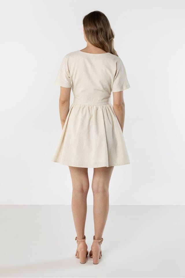 Love Lace Love Lace Women's Light Linen Wrap Mini Dress V Neck Tie Waist in Beige - 3