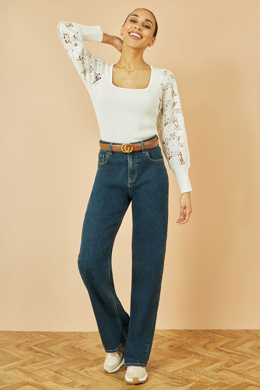 Yumi Yumi Women's White Ribbed Knitted Top With Lace Sleeves - 2