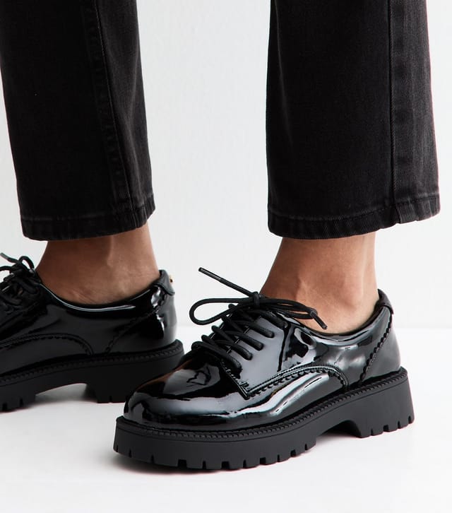 New Look Women's Black Patent Faux Leather Lace Up Shoes Vegan New Look - 2