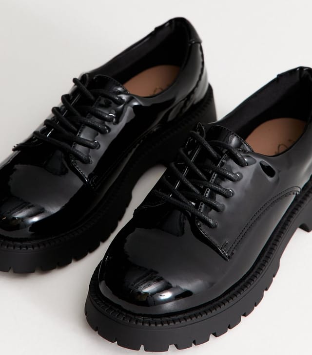 New Look Women's Black Patent Faux Leather Lace Up Shoes Vegan New Look - 3