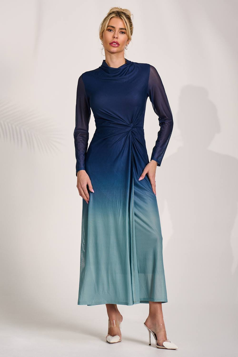 Jolie Moi Jolie Moi Women's Petite Long Sleeve Mesh Maxi Dress in Blue - 4