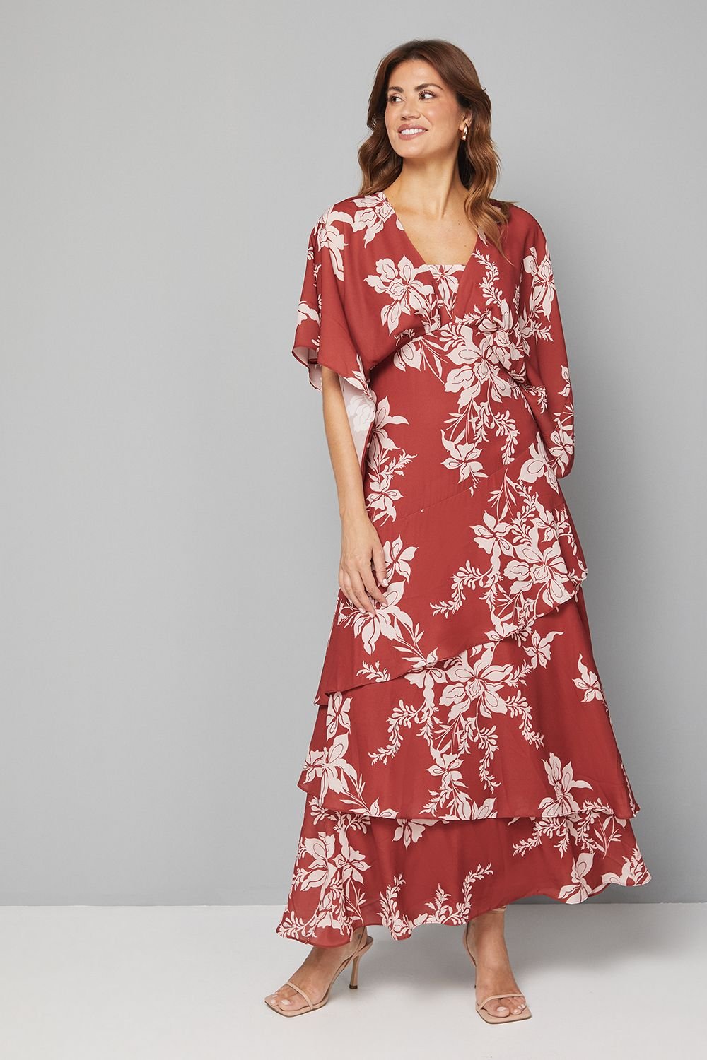Wallis Wallis Women's Floral Kimono Sleeve Tiered Maxi Dress in Red - 2