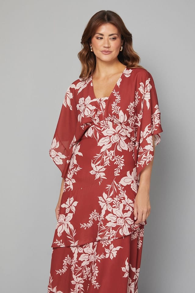 Wallis Wallis Women's Floral Kimono Sleeve Tiered Maxi Dress in Red - 2
