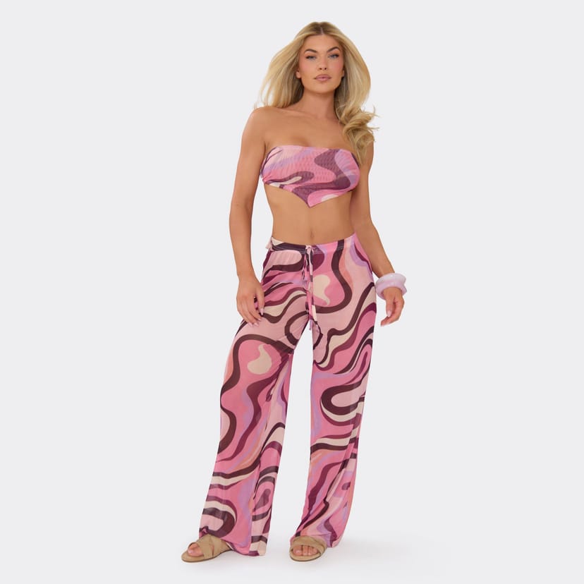 EGO Mid Rise Wide Leg Trousers In Pink Swirl Print, Women's Size UK 6 - 1