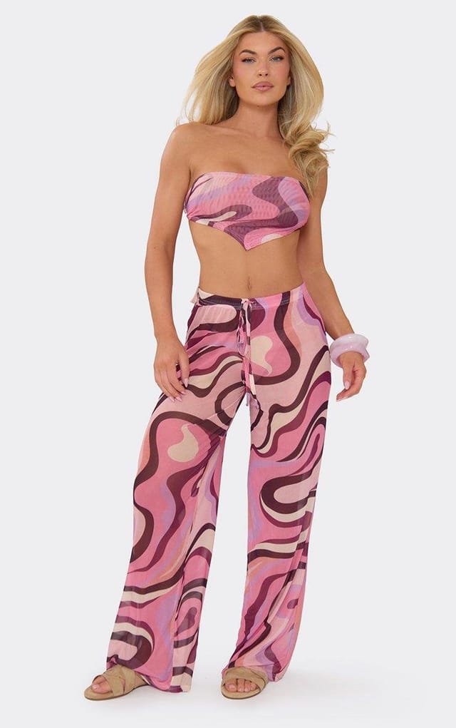 EGO Mid Rise Wide Leg Trousers In Pink Swirl Print, Women's Size UK 6 - 2