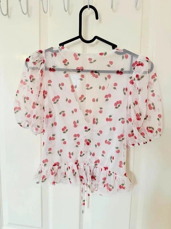 New Look New look Cherry Print Ruched Mesh Top