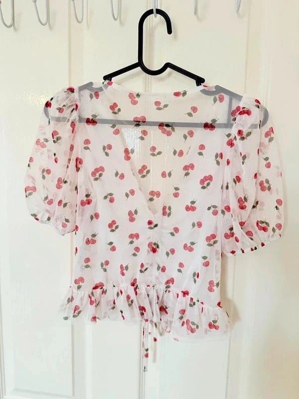 New Look Cherry Print Ruched Mesh Top