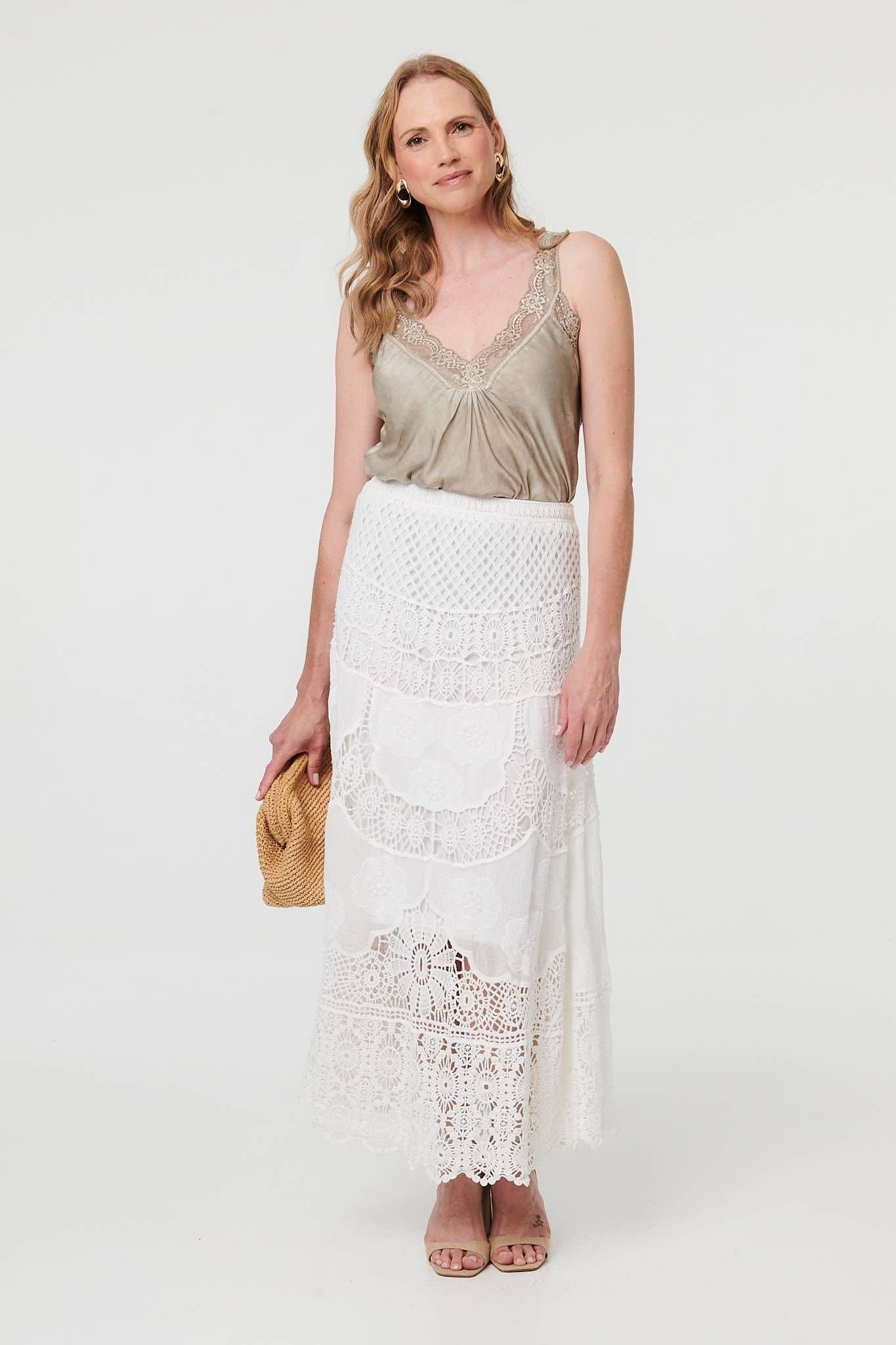 Izabel London Izabel London Women's Crochet Textured High Waist Maxi Skirt in White