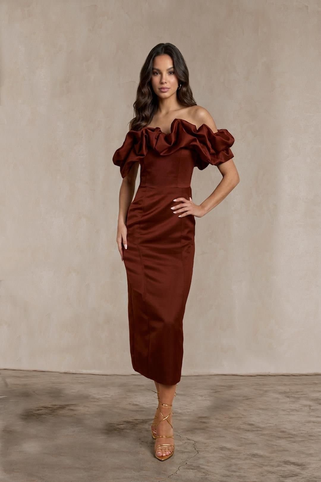 chi chi london Chi Chi London Women's Ruffle Bardot Satin Midi Dress in Chocolate in Brown
