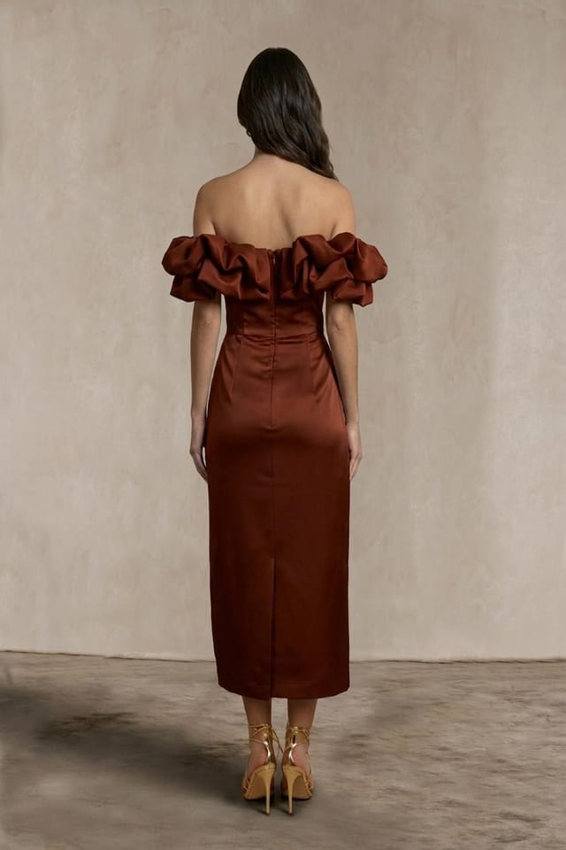 chi chi london Chi Chi London Women's Ruffle Bardot Satin Midi Dress in Chocolate in Brown - 3