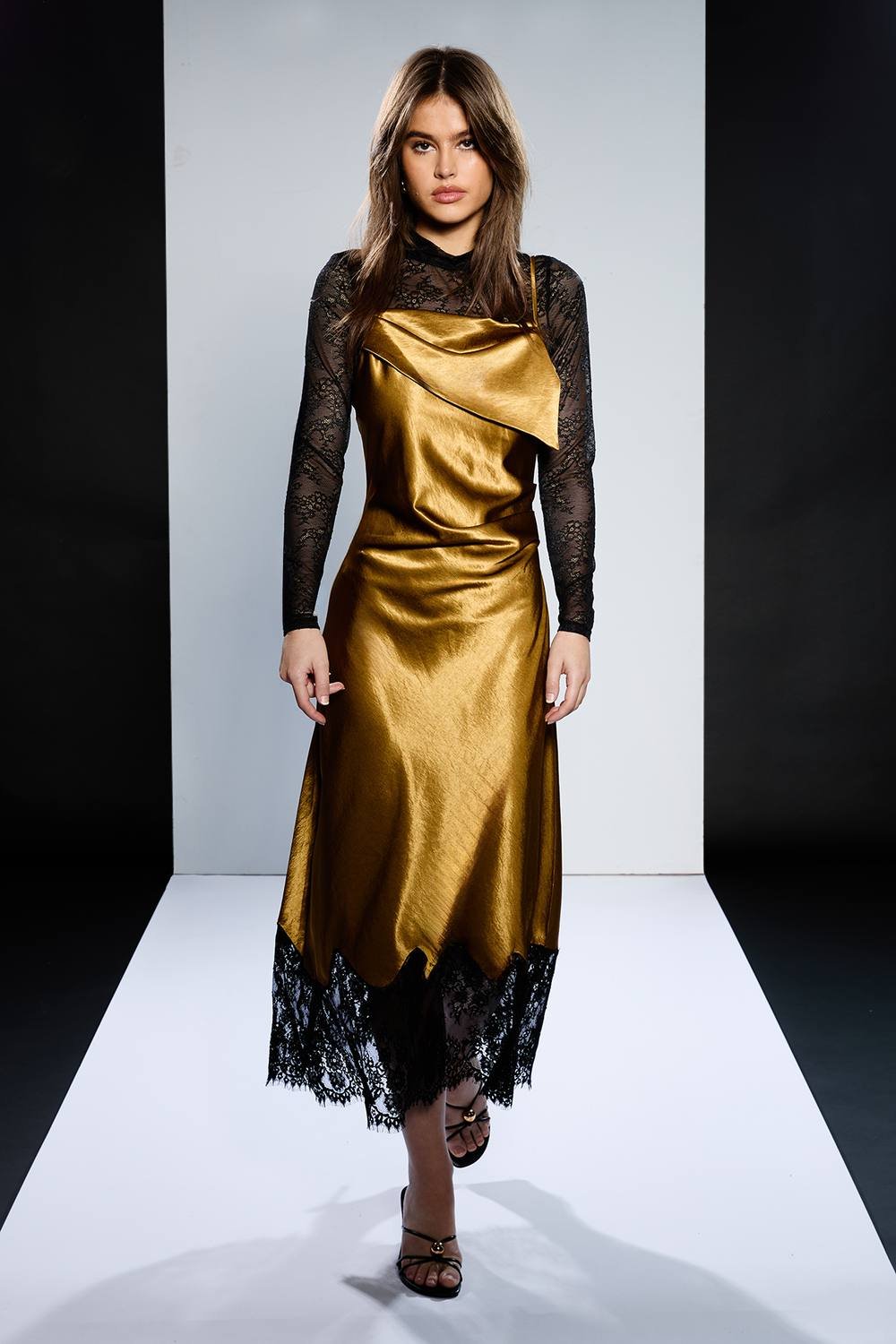 RUNWAY 1.8.1.8 RUNWAY 1.8.1.8 Women's Lace Trim Midi Dress in Gold - 2