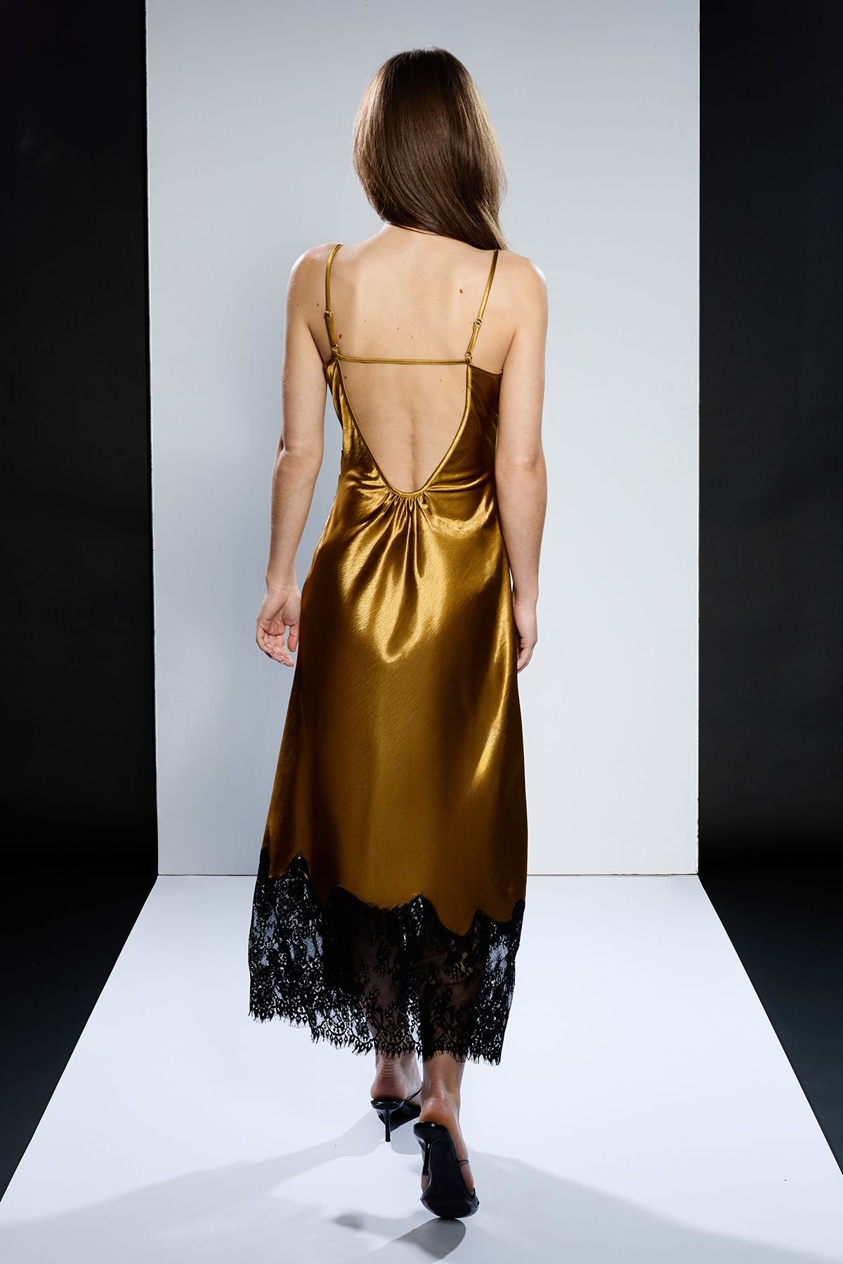 RUNWAY 1.8.1.8 RUNWAY 1.8.1.8 Women's Lace Trim Midi Dress in Gold - 3