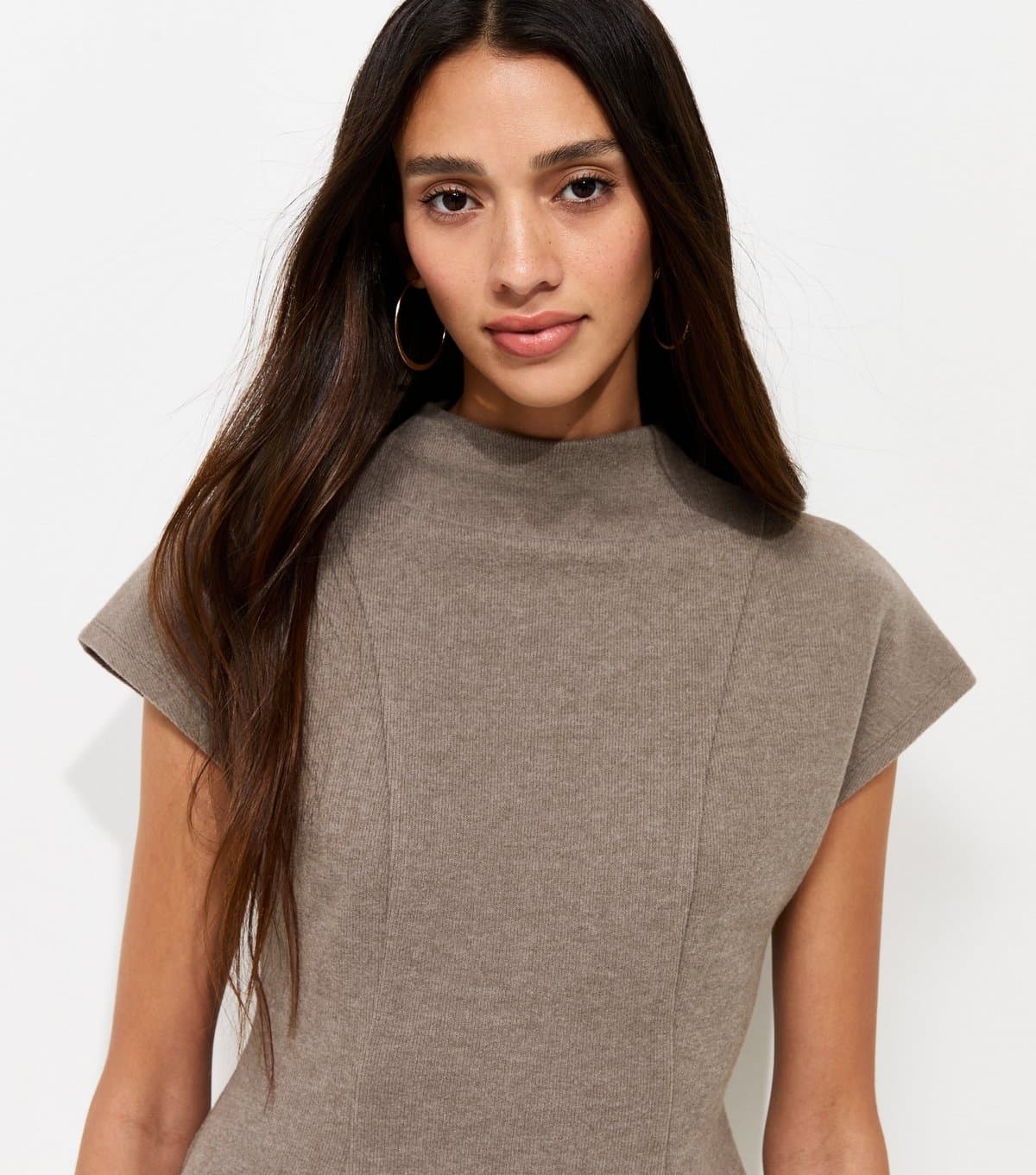 New Look Women's Dark Mink Cotton Rich Soft Touch High Neck Peplum Top New Look