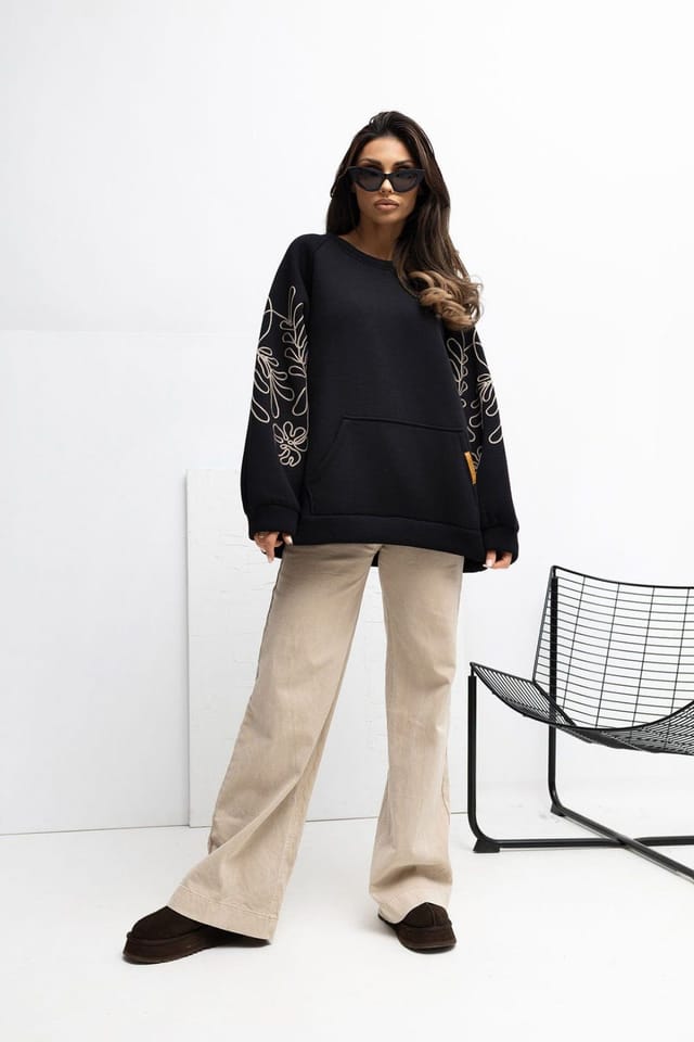 Love Lace Love Lace Women's Embroidered Sleeve Kangaroo Pocket Sweatshirt Style 221616 in Black - 2