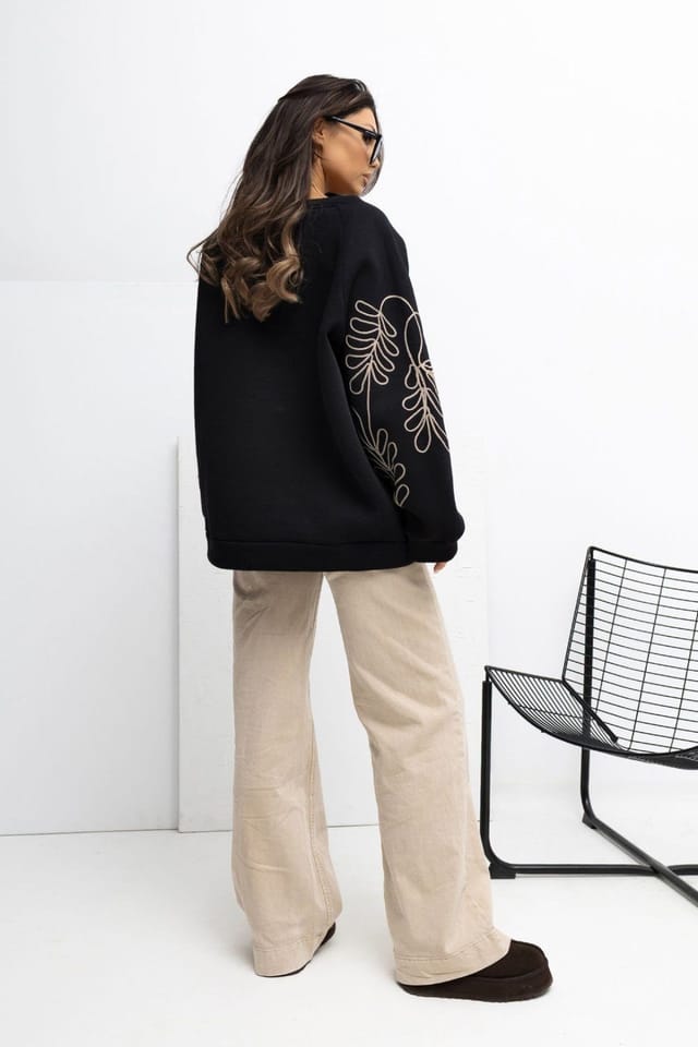 Love Lace Love Lace Women's Embroidered Sleeve Kangaroo Pocket Sweatshirt Style 221616 in Black - 3