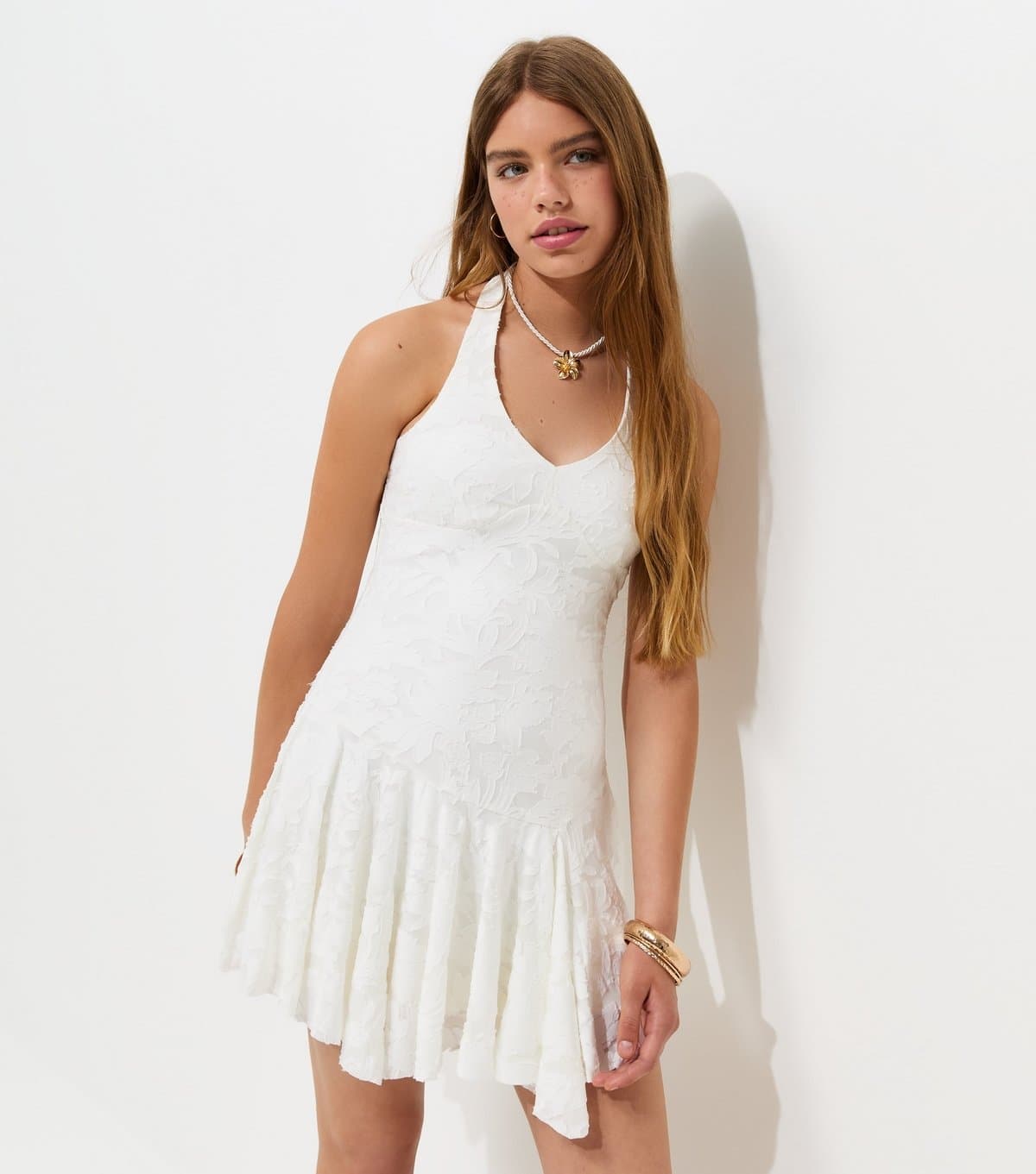 New Look Girls' White Jersey Jacquard Halter Neck Mini Dress New Look