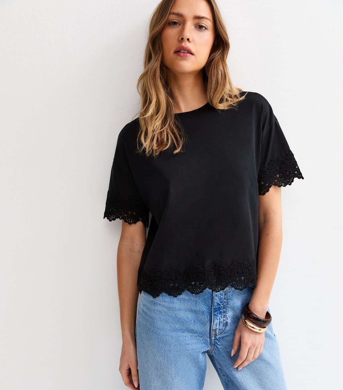 New Look Women's Black Lace Trim Top New Look