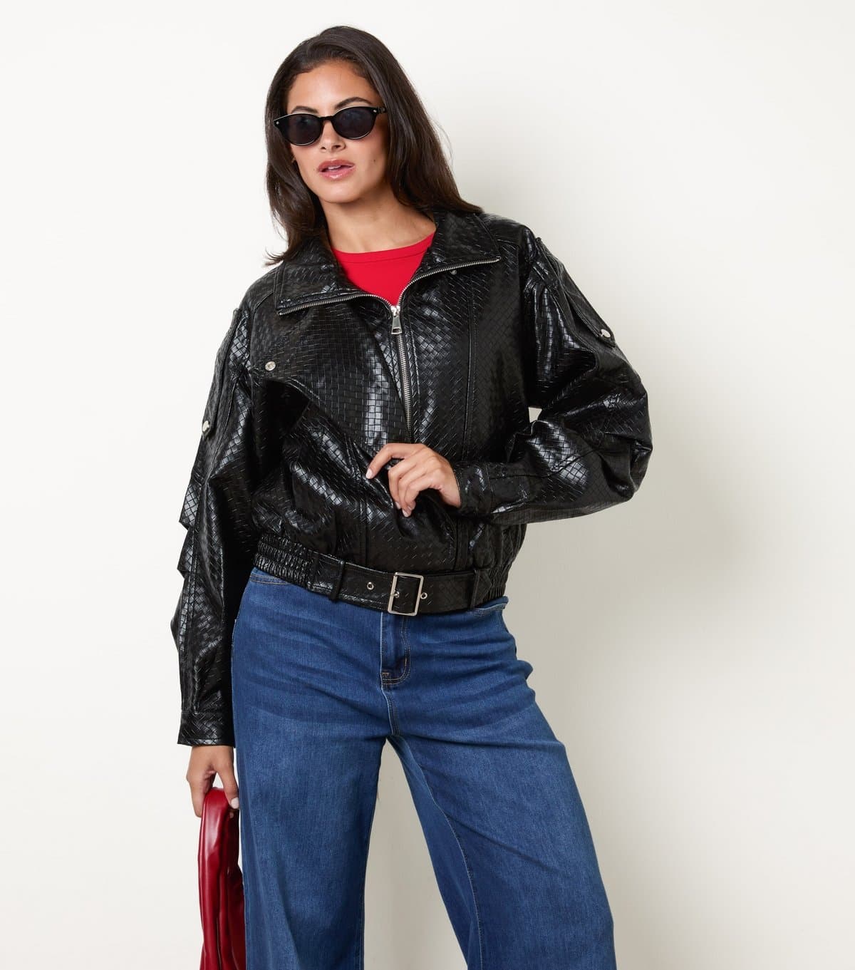 Blue Vanilla Women's Black Woven Faux Leather Biker Jacket Blue Vanilla New Look