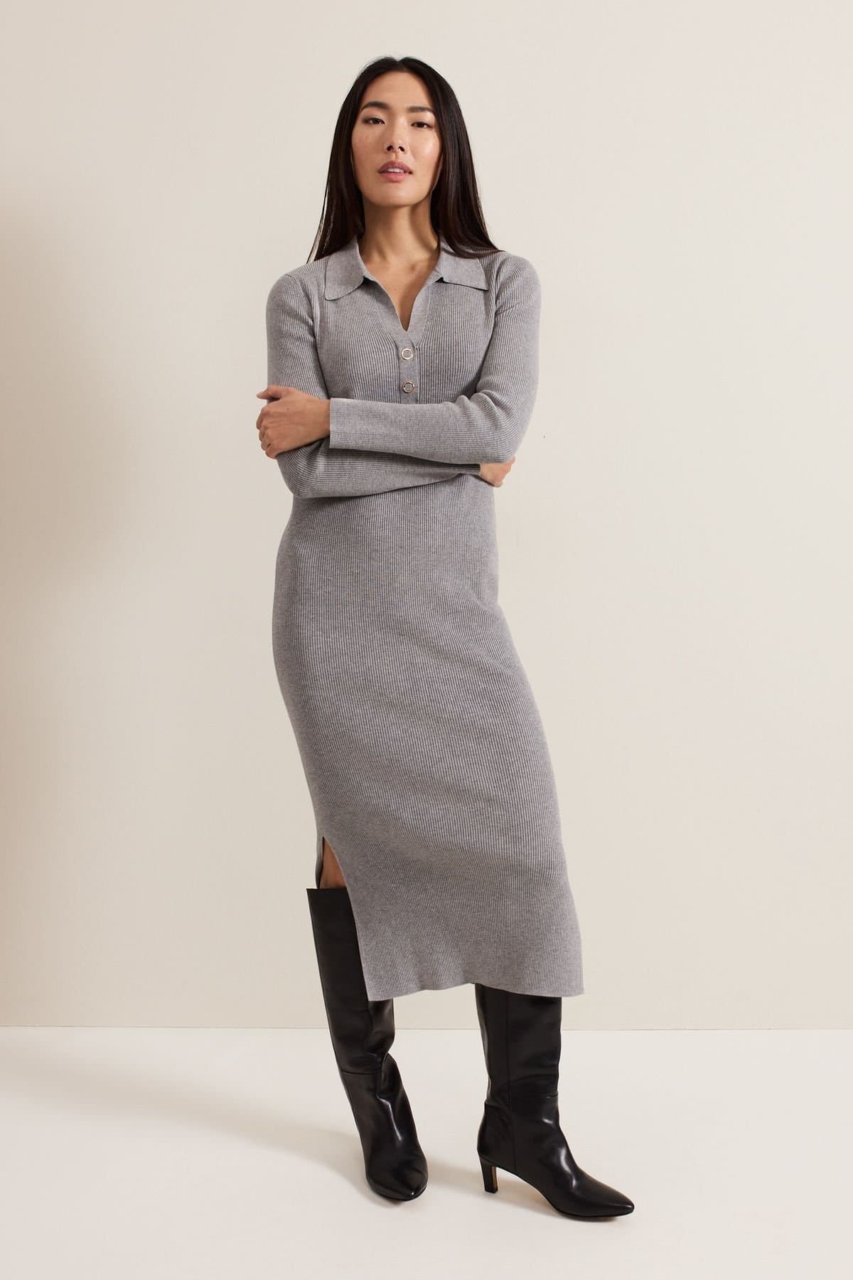 Phase Eight Phase Eight Mid Grey Ribbed Midi Dress