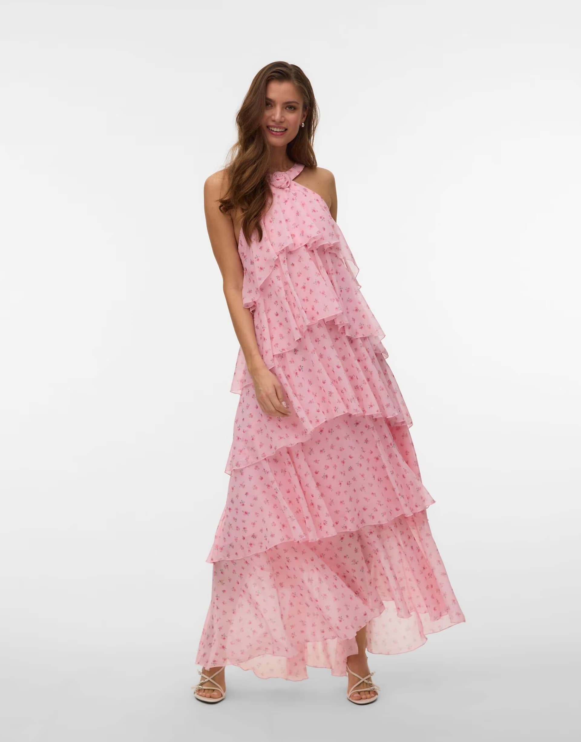 ASOS Vero Moda tiered maxi dress in pink ditsy floral print