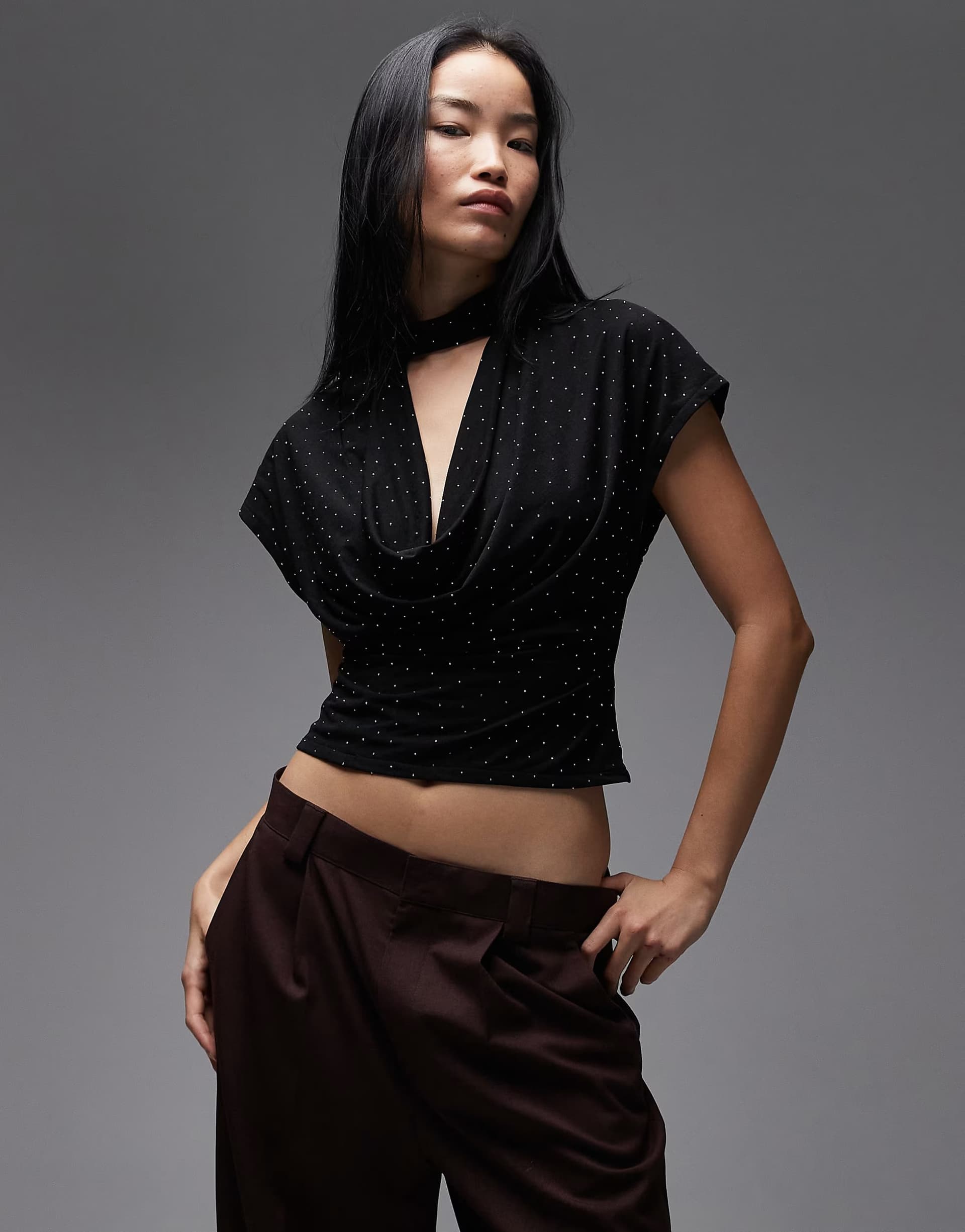 ASOS ASOS DESIGN semi sheer hot fix deep cowl neck top in black