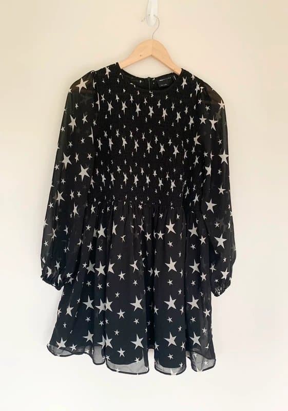ASOS ASOS Design Black Star Print Mini Festival Dress – Sheer Sleeves & Smocked Bodice – Size UK 10