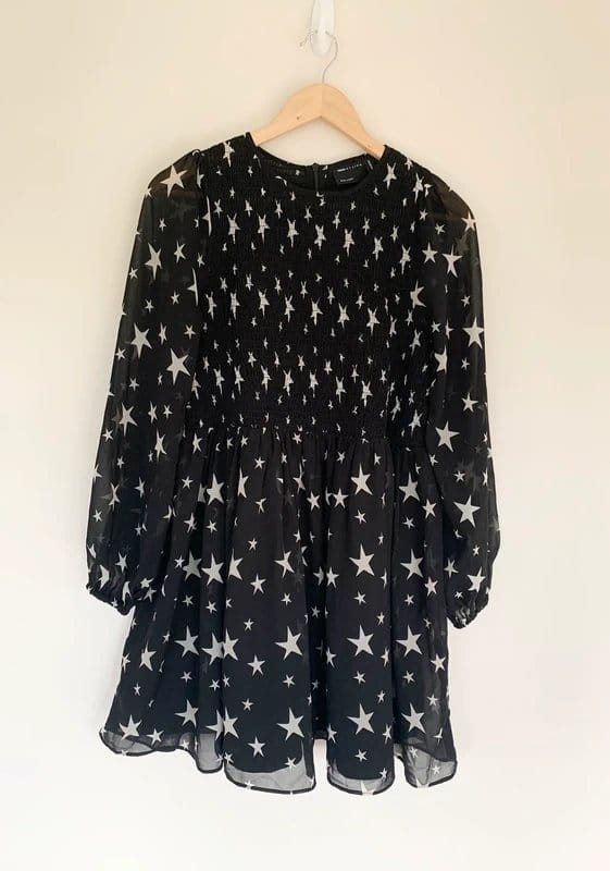 ASOS ASOS Design Black Star Print Mini Festival Dress – Sheer Sleeves & Smocked Bodice – Size UK 10 - 1