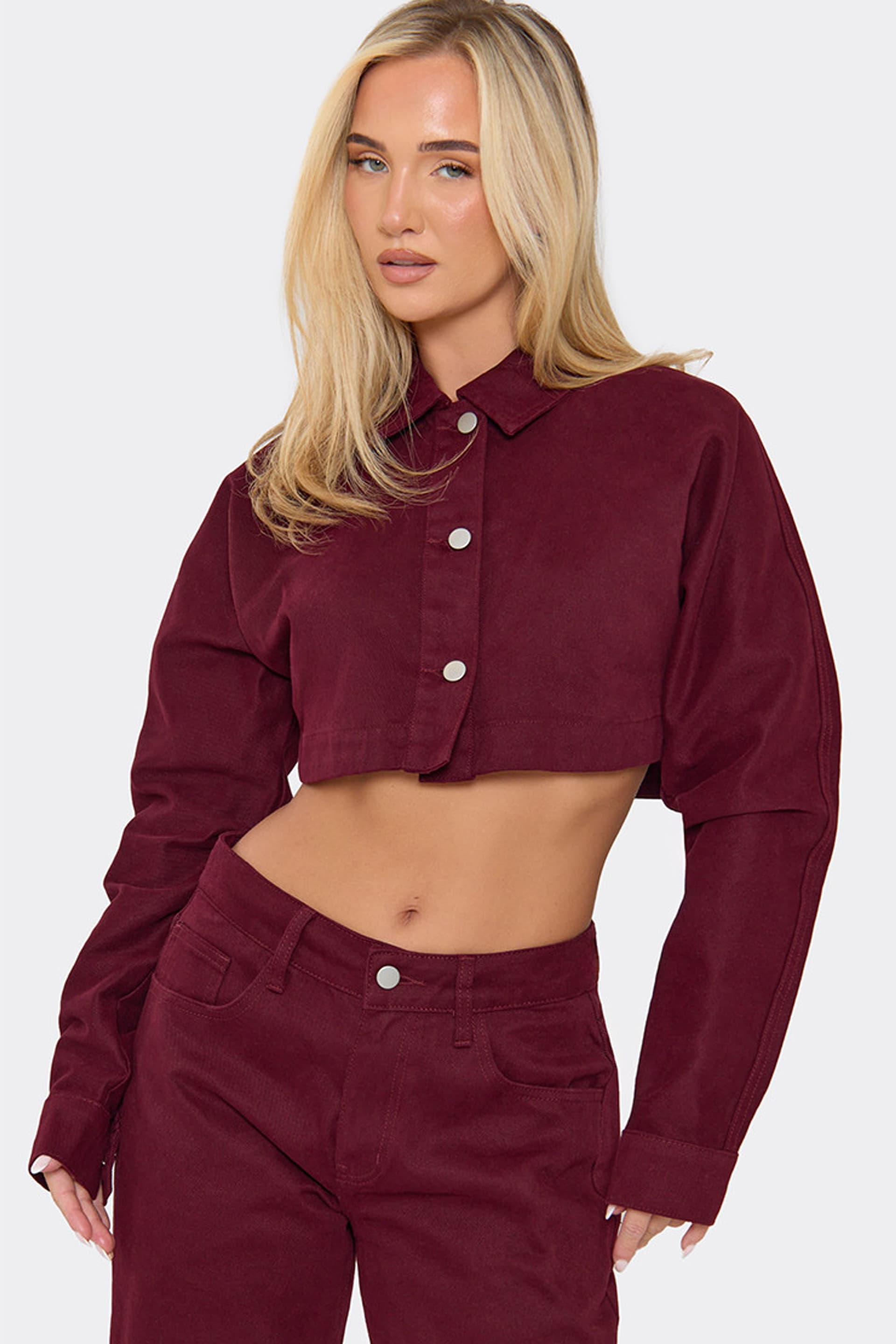 EGO EGO Women's Long Sleeve Denim Cropped Jacket in Burgundy
