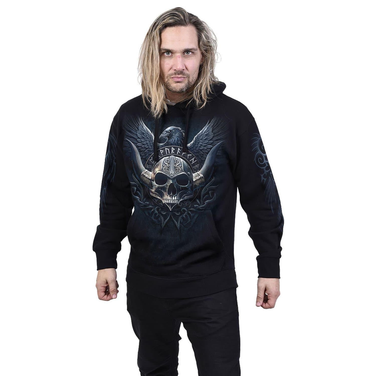 Spiral Direct Spiral Direct Men's Odin´s Warrior Back & Sleeve Print Pull Over Hoodie in Black