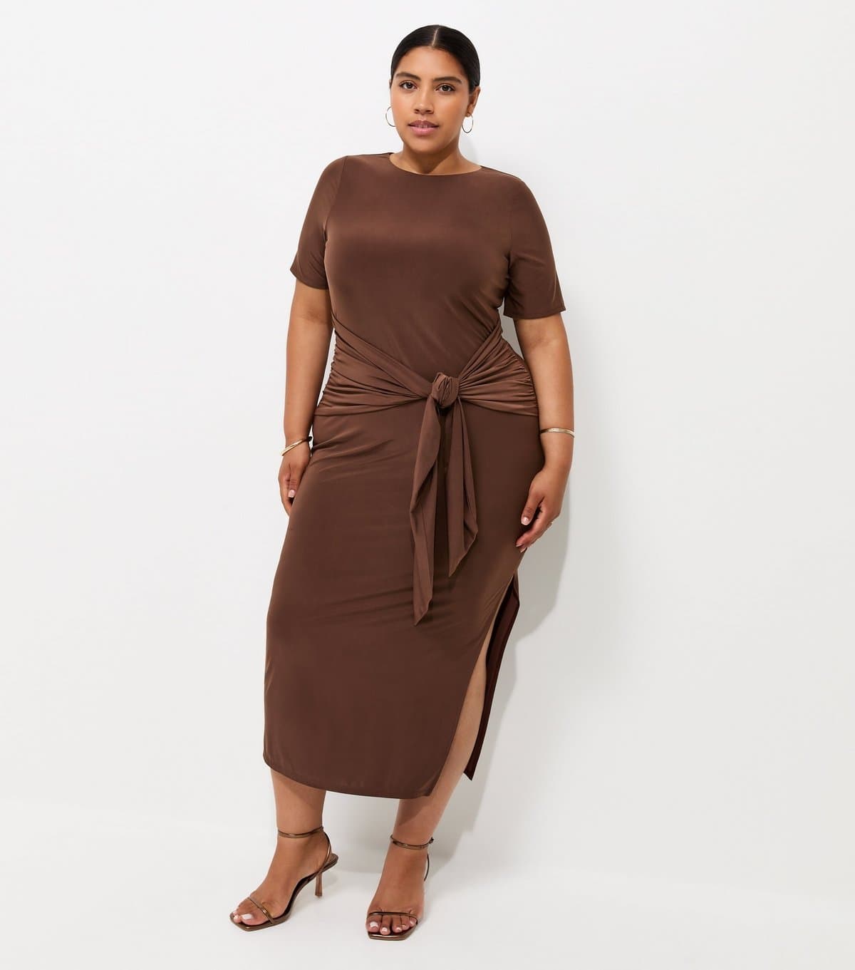New Look Women's Plus Size Dark Brown Knotted Waist Midi Dress Curves New Look