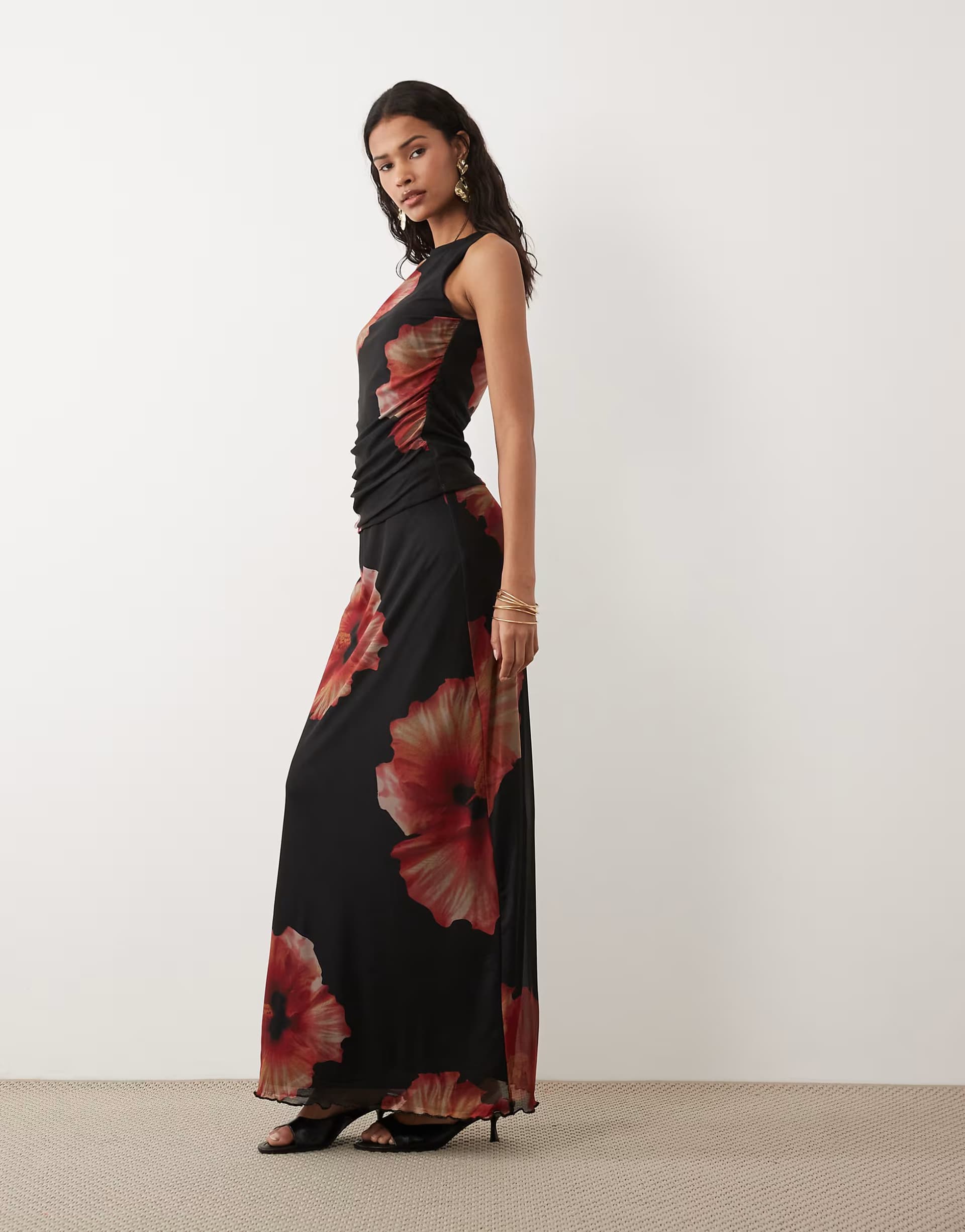 ASOS JDY ruched mesh skirt with floral print in black co-ord