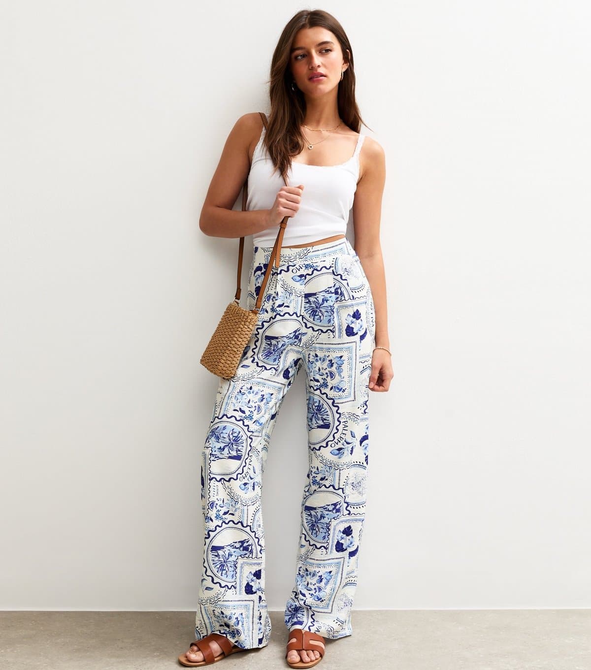 New Look New Look White Postcard Print Wide Leg Trousers