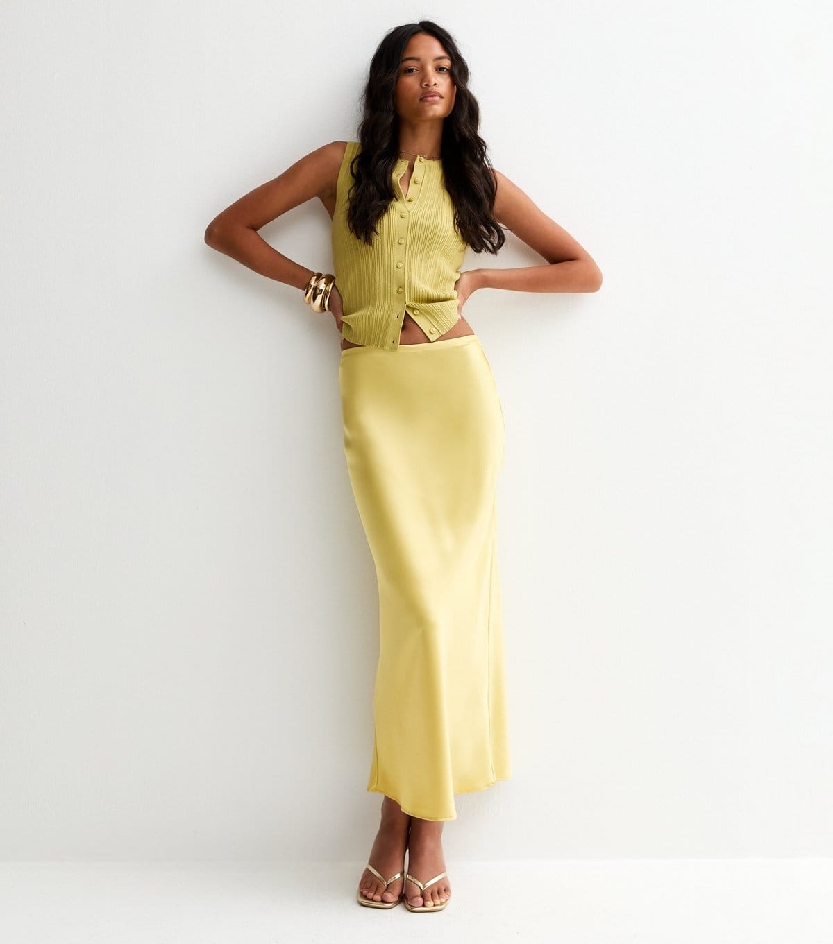 New Look Light Green Satin Bias Cut Midi Skirt