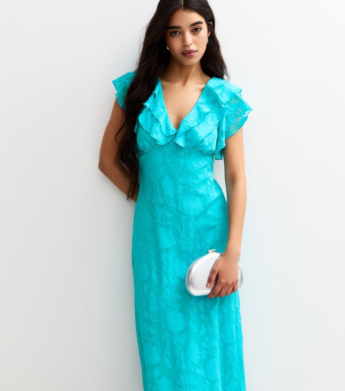 New Look Women's Turquoise Devore Ruffled Midi Dress New Look