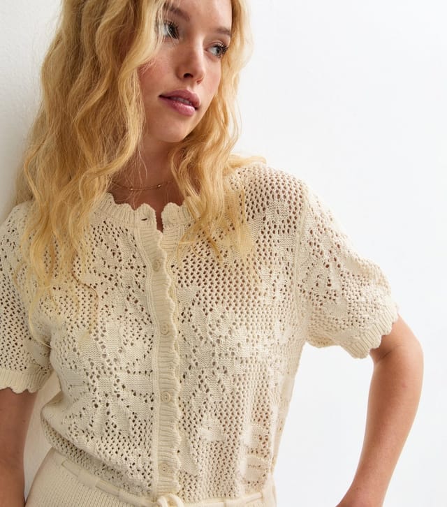 New Look Women's Cream Cotton Rich Tie Waist Floral Knit Short Sleeve Cardigan Top New Look - 2