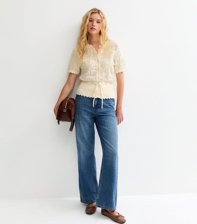 New Look Women's Cream Cotton Rich Tie Waist Floral Knit Short Sleeve Cardigan Top New Look - 3