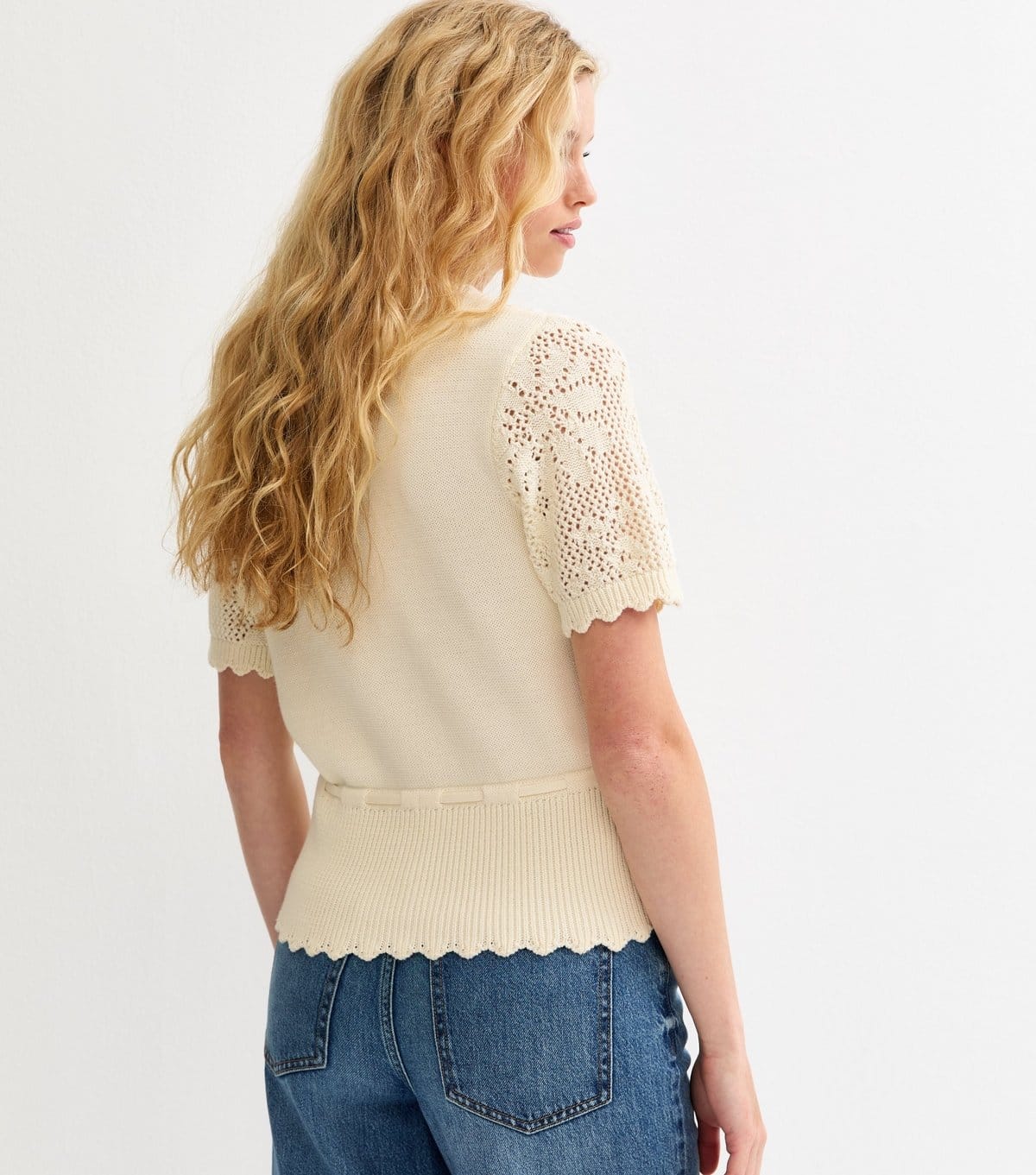 New Look Women's Cream Cotton Rich Tie Waist Floral Knit Short Sleeve Cardigan Top New Look - 4