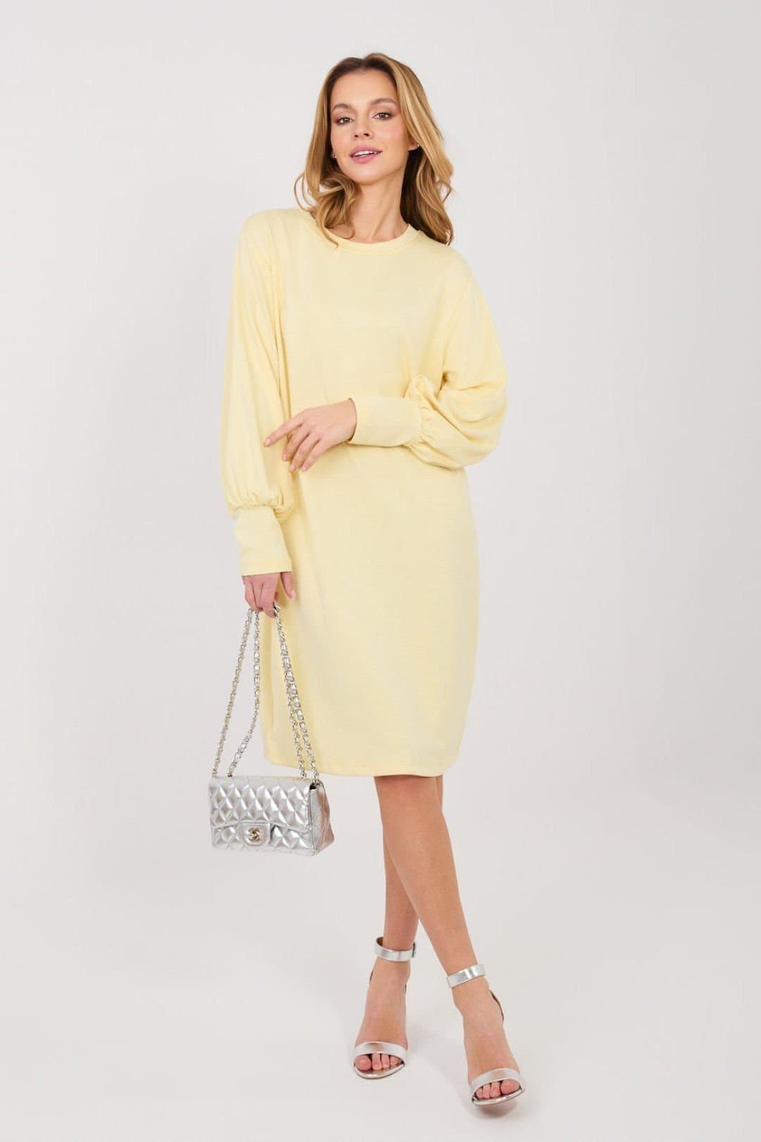 Love Lace Love Lace Women's Buttery Soft Sweatshirt Dress with Puff Sleeves in Yellow